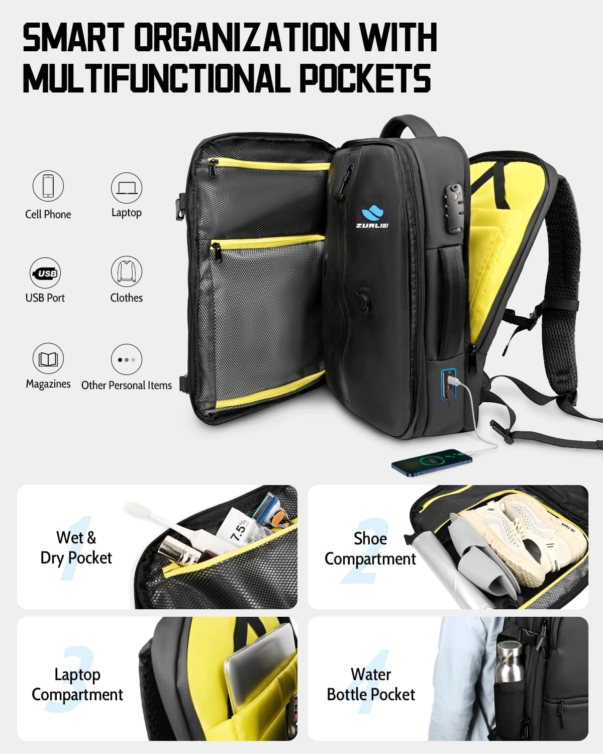 Zurligi Vacuum Backpack - Expandable 30-70L Compression Travel Bag with Pump & USB Charge Port (Black)