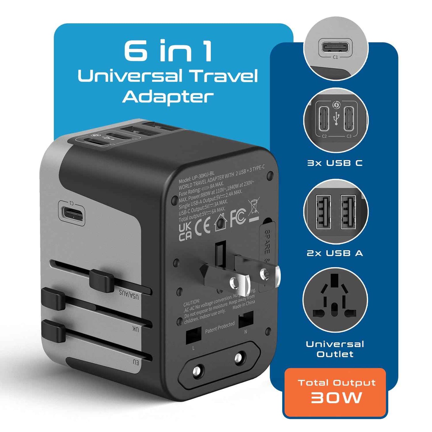 Universal Travel Power Adapter, Ceptics 6 in 1 Worldwide International Wall Charger with 2X USB-A - 3X USB-C 6A, Travel Power Adapter for for USA EU UK AUS Mobiles Laptops Cameras, UP-30KU-BL