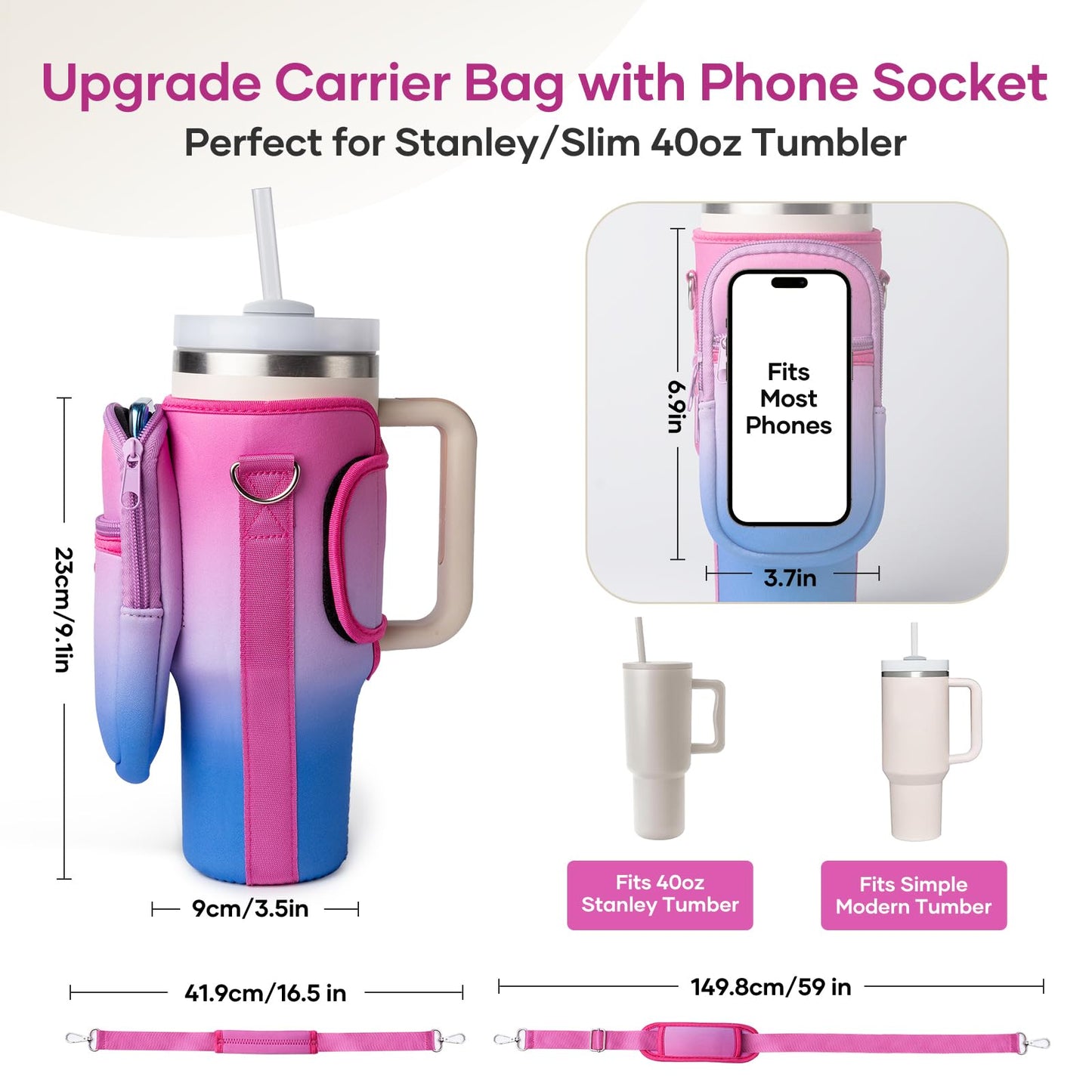 linmaya Water Bottle Carrier Bag for Stanley Cup 40/30oz with Phone Holder Pockets,Neoprene Water Bottle Cross-body Bag with Adjustable Shoulder & Hand Strap Stanley Cup Accessories