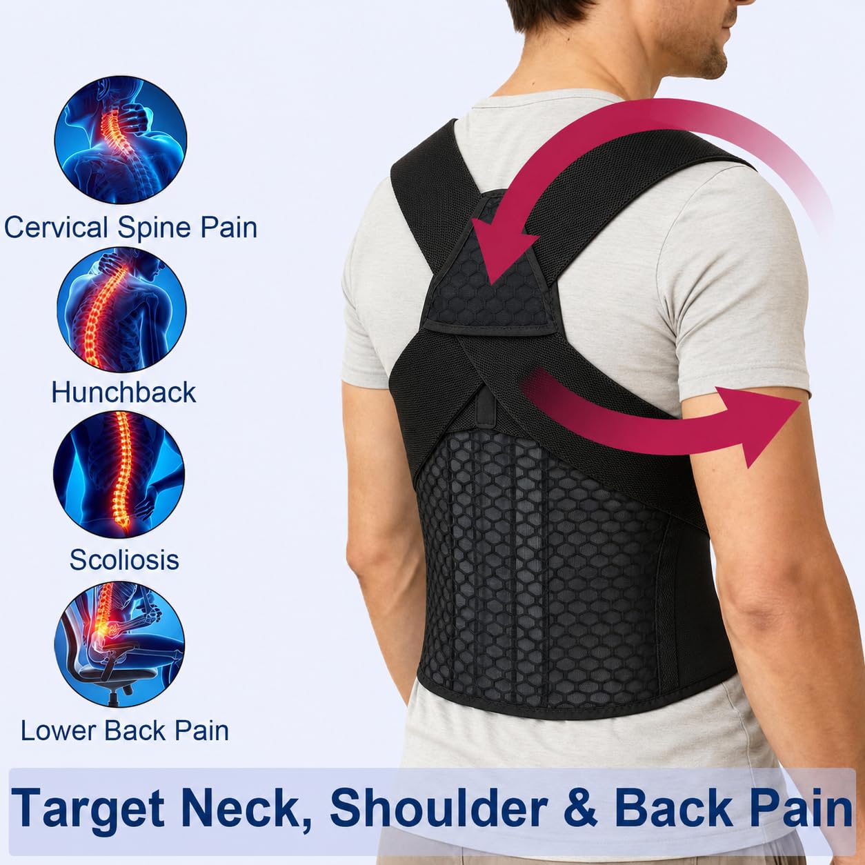 Back Posture Corrector Brace for Men, Back-Anchored Shoulder Support, 3.1-Inch Wide Straps, Adjustable Upper Back Straightener & Lower Spine Support to Help Reduce Slouching, Wear Under Clothes