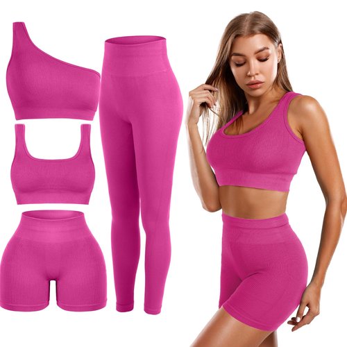Floraltop 4 Pcs Women's Workout Sets Pilates Exercise Outfit Ribbed Scoop Neck Sports Bra Shorts Leggings Gym Clothes Set(Small,Rose Red)