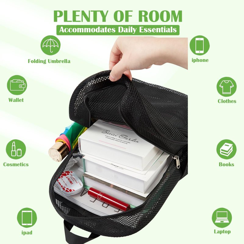 gdbis Heavy Duty Mesh Backpack, Semi- Transparent College Bookbag with Adjustable Padded Shoulder Straps, Lightweight Casual Daypack for College Workpalce Security - Black