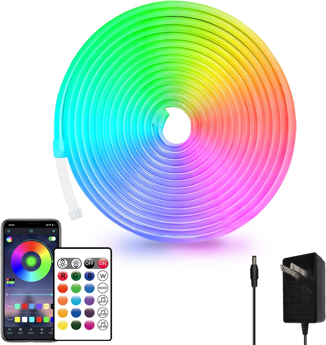 50ft RGB LED Neon Rope Lights with Remote & APP Control - Waterproof Flexible Strip for Bedroom & Outdoor Décor