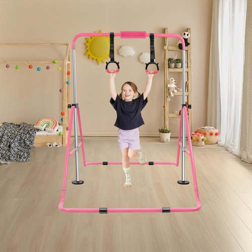 YEEGO DIRECT Gymnastics Bar with Rings,Gymnastics Bar for Kids Ages 3-10,Foldable Gymnastics Bar,Kids Gymnastics Bar Expandable for Home Training Kids Gifts for Grils Boys (Pink)
