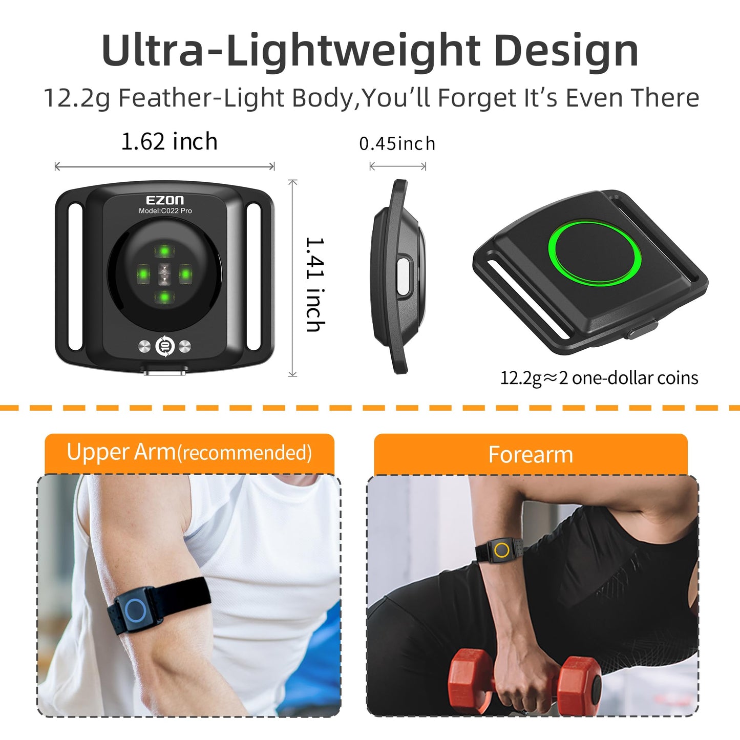 EZON C022Pro Heart Rate Monitor Armband with ANT+ & Bluetooth, LED HR Zone Indicator Lights,3ATM Waterproof, Adjustable Arm Strap for Running Cycling Gym, Compatible with Peloton/Wahoo/Strava