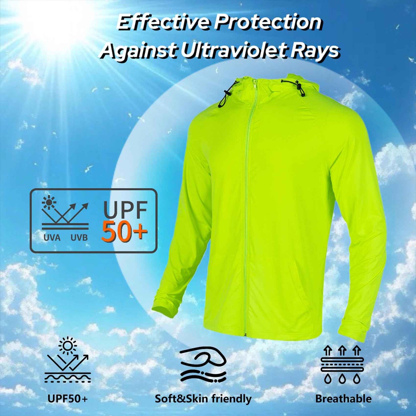 Men’s Quick Dry UPF50+ Sun Protection Hi Vis Long Sleeve Shirts,Full Zip Safety Hoodie,4-Way Stretch Construction Shirts for Men Breathable Yellow