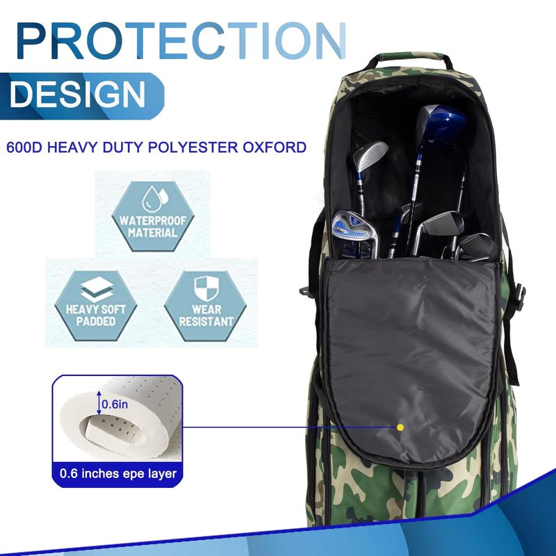 Golf Travel Bags for Airlines with Wheels,900D Heavy Duty Oxford Wear-Resistant Soft-Sided Golf Club Flight Bag with Adjustable Support Rod,Green Camo