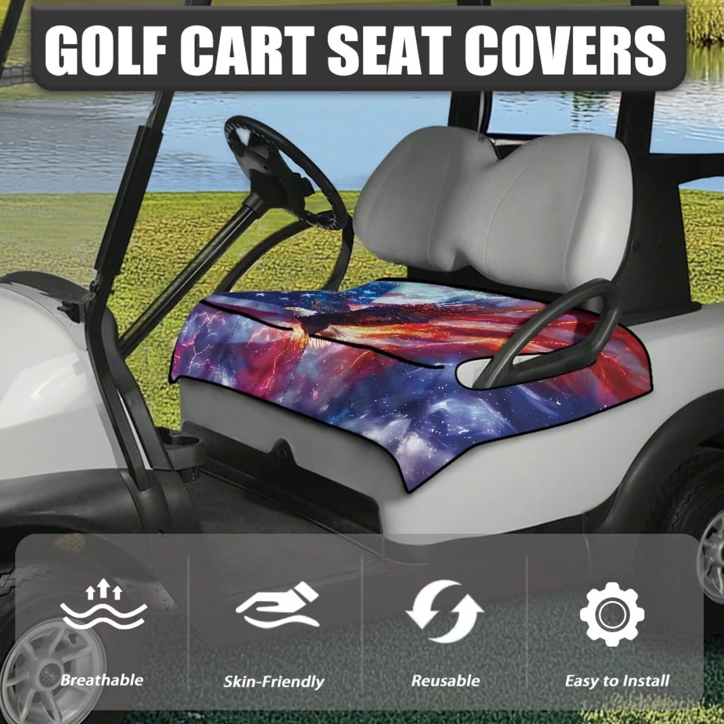 Yaosyuorus Golf Cart Seat Covers, Golf Cart Cushion Covers Eagle and American Flag Summer Winter Fall Golf Cart Seat Towel Blanket Breathable Fabric Golf Accessories Car Decoration Covers
