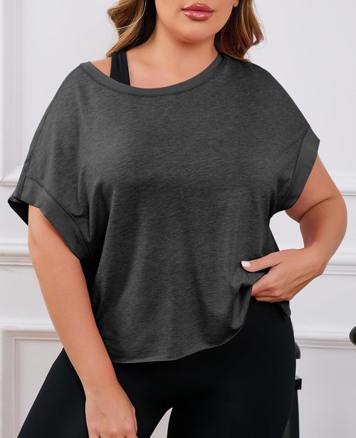 Fisoew Womens Plus Size Open Back Workout Tops Backless Short Sleeve Athletic Shirt Running Crop Top Gym Yoga T-Shirt Dark Grey