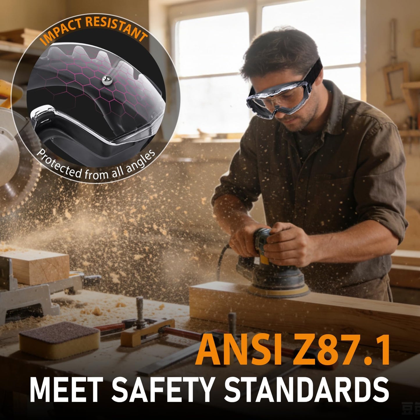 TICONN Anti-Fog Safety Goggles, Adjustable Safety Goggles Over Glasses, ANSI Z87.1 UV385 Eye Protection Glasses for Adults