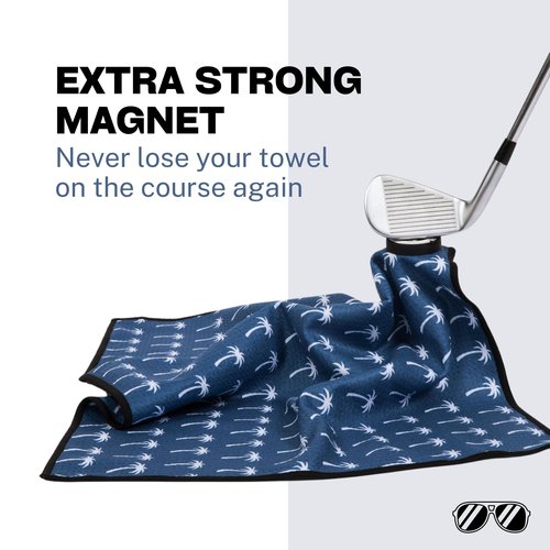 Magnetic Golf Towel with Carabiner Clip & Extra Strong Magnet - 24 x 16 in. Waffle Microfiber Golf Bag Towel - Blue Golf Towels for Golf Bags Women & Men (Blue, Palm Trees)