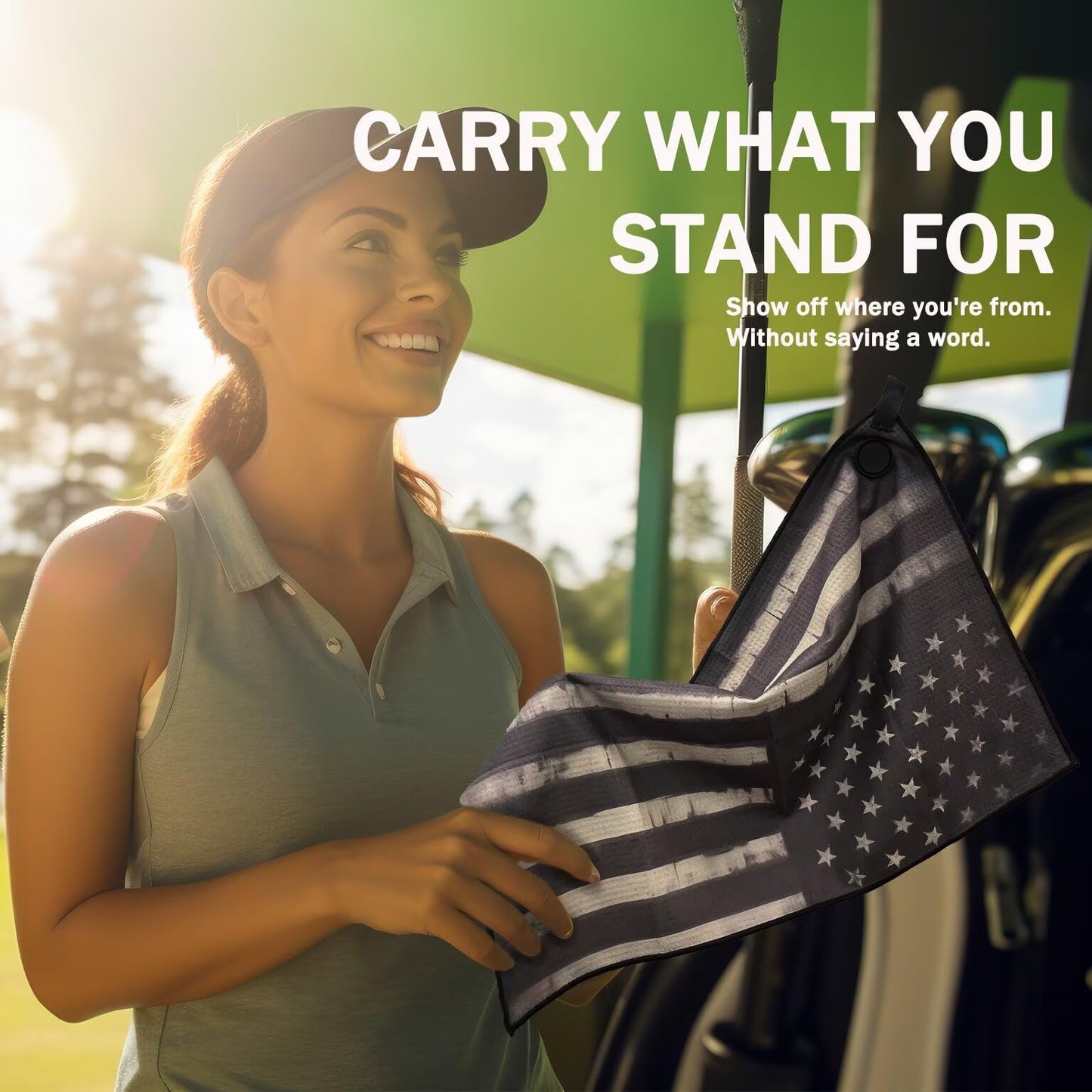 FCYDMN Magnetic Black American Flag Golf Towel 24×16 Inches Golf Towels for Golf Bags with Magnet and Carabiner Clip