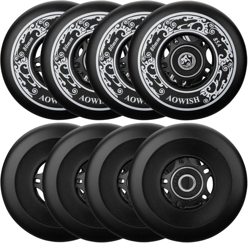 AOWISH 8-Pack Inline Skate Replacement Wheels 85A Outdoor Asphalt Formula Roller Blades Wheels Indoor Roller Blades Wheels with Bearings ABEC-9 & Floating Spacers (Black, 76mm)