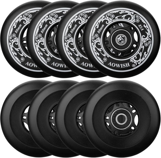 AOWISH 8-Pack Inline Skate Replacement Wheels 85A Outdoor Asphalt Formula Roller Blades Wheels Indoor Roller Blades Wheels with Bearings ABEC-9 & Floating Spacers (Black, 76mm)