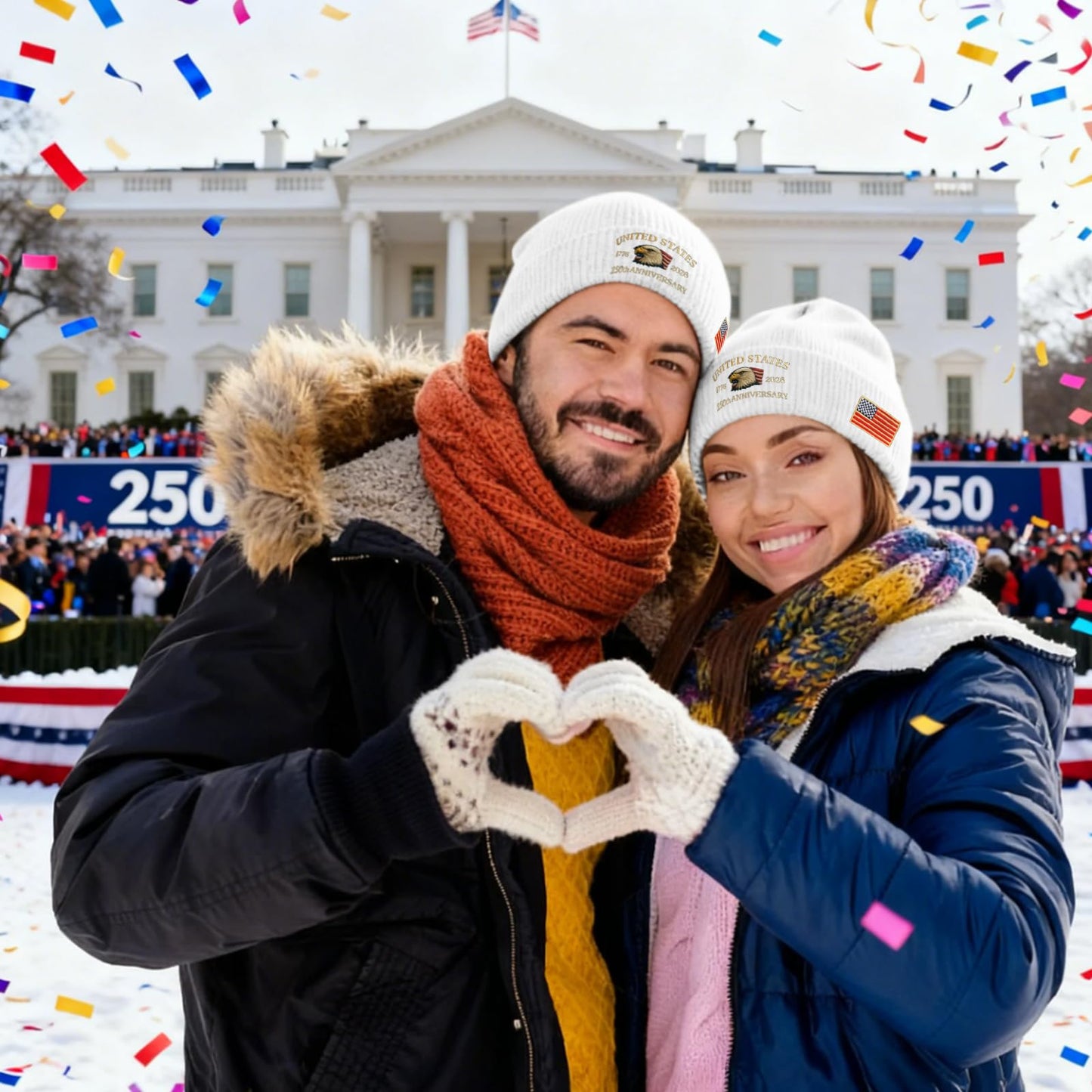 250th Anniversary USA Knit Hat Warm Cozy Embroidery Beanie for Women Men, 250 Year American Anniversary Merchandise White