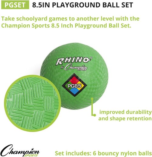 Champion Sports Rhino Playground Ball Set - Durable Two-Ply, Nylon Wound | 8.5" - Set of 6 Vibrant Colors