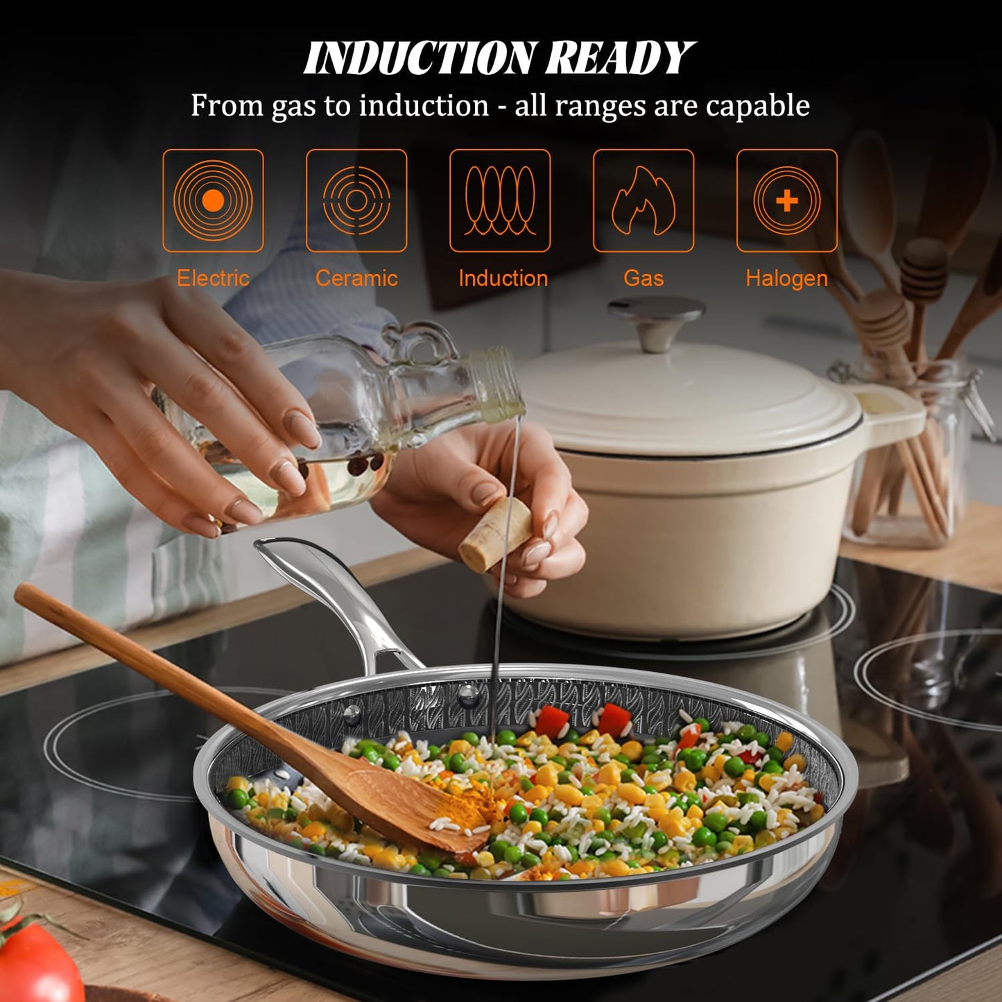 WhatsClad Hybrid Ceramic Nonstick Frying Pan 10", 3-Ply Stainless Steel Skillet, 2-Layer Coating, PFAS & PTFE Free Non Stick Frying Pan, 9H Hardness, Dishwasher Safe, Induction Compatible-Dark Gray