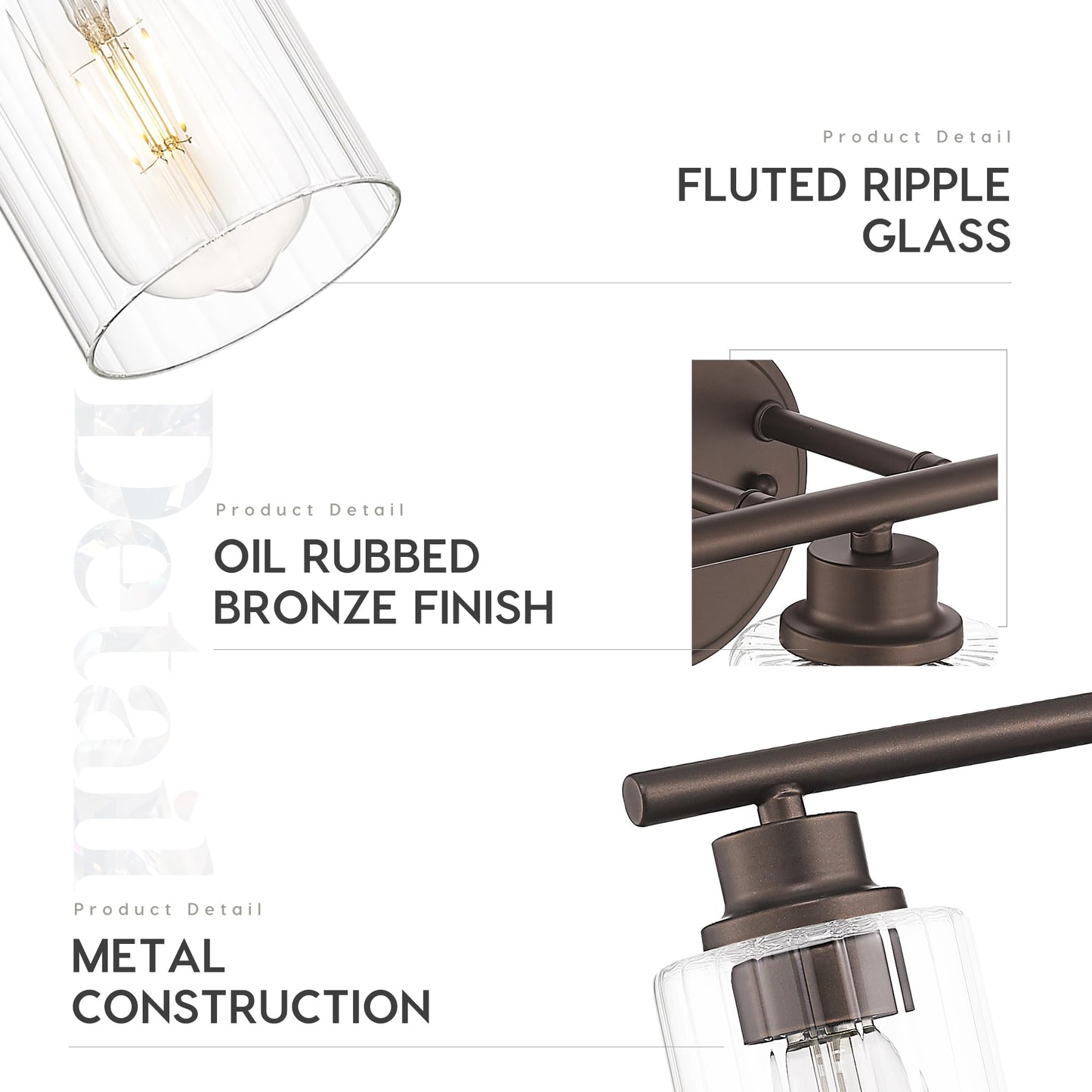 Emliviar Rustic Vanity Light Fixture with Fluted Ripple Glass, 5-Light Bathroom Lights Over Mirror 40 Inch, Oil Rubbed Bronze Finish, YE295B-5W ORB