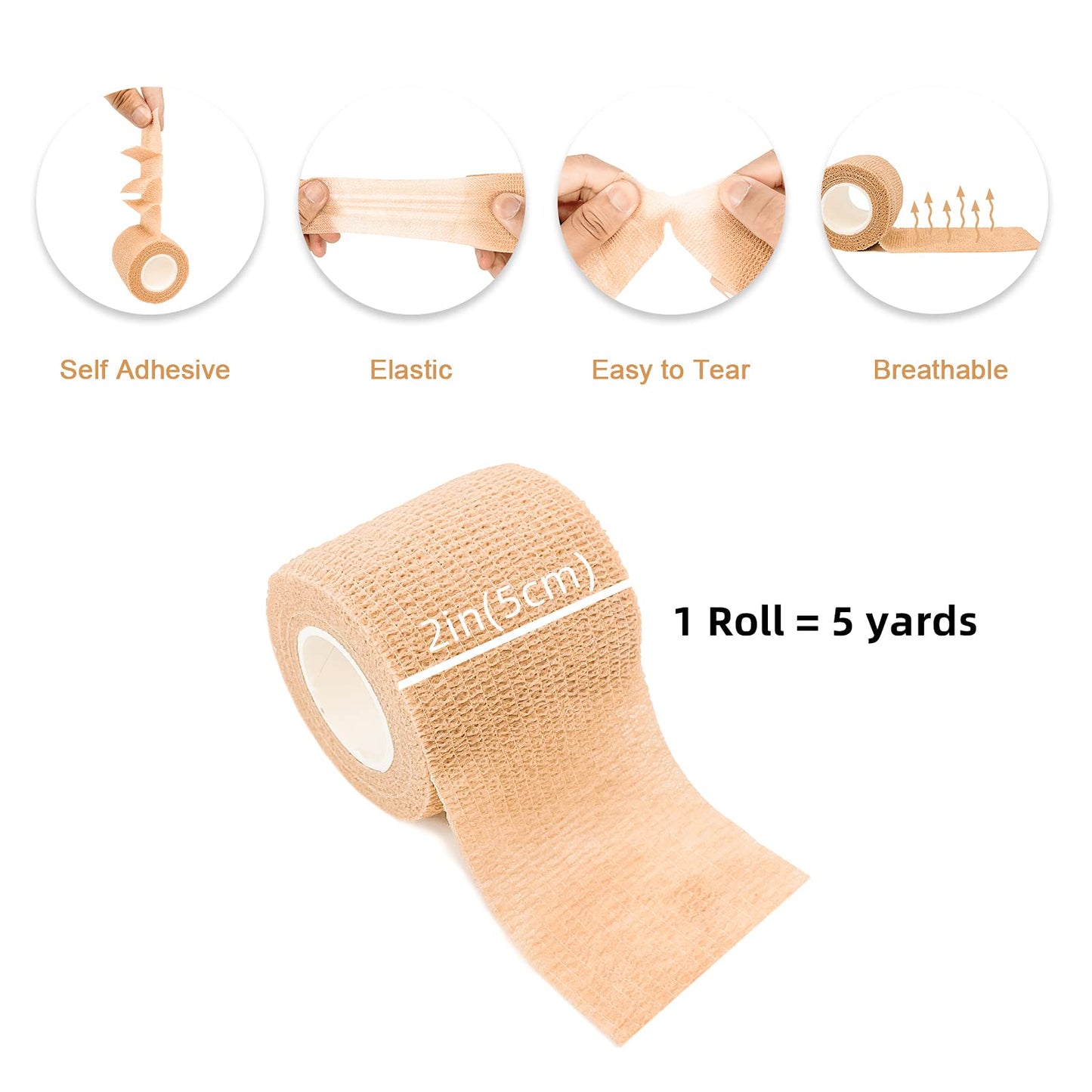 [24 Pack 2" x5 Yards] Beige-Self Adhesive Bandages Pre Wrap, Athletic Elastic Cohesive Bandage for Sports, Injuries, Treatments, and Recovery, First Aid Tape Vet Wrap for Cat, Dog