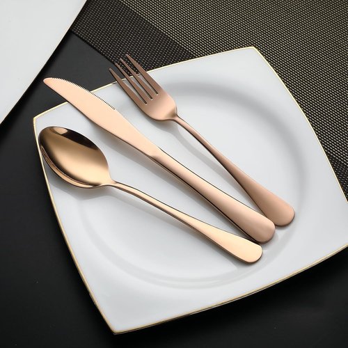 DEVICO Stainless Steel Camping Utensils - Full-Size Reusable Cutlery Set with Case | Portable Fork, Spoon, Knife & Chopsticks (Rose Gold)