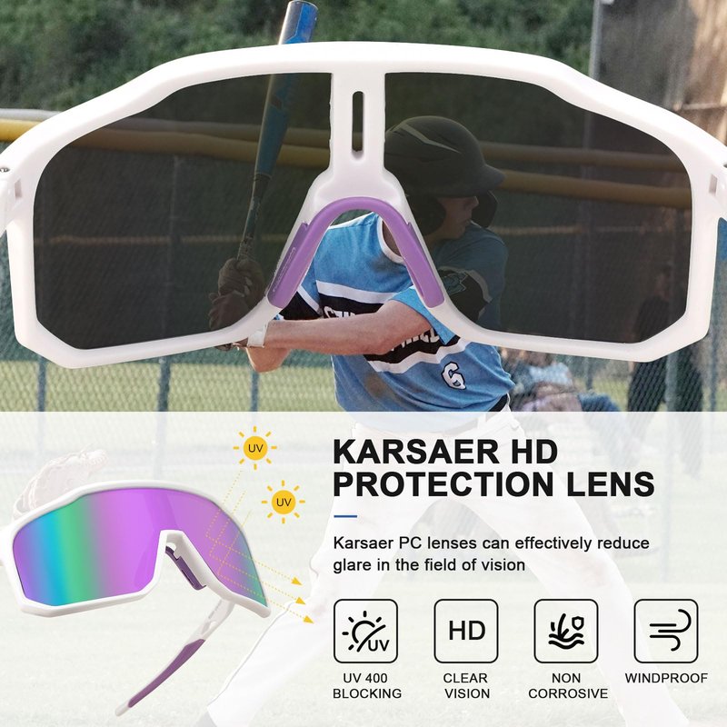 Karsaer Vision Men Women Cycling Sunglasses Baseball Softball Running Sports glasses for Youth Adults Kids Teens Age 8-14, Big, White Frame /Purple Lens