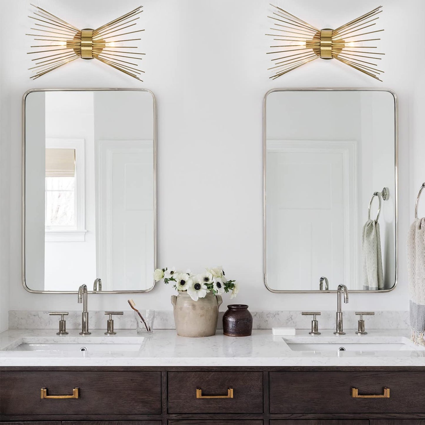 2-Light Bathroom Vanity Light, Mid-Century Modern Starburst Gold Wall Sconce, Bedside Electroplate Brass Wall Light Fixture, Wall Lamp for Powder Room Bedroom Bathroom Hallway Entryway, Set of Two