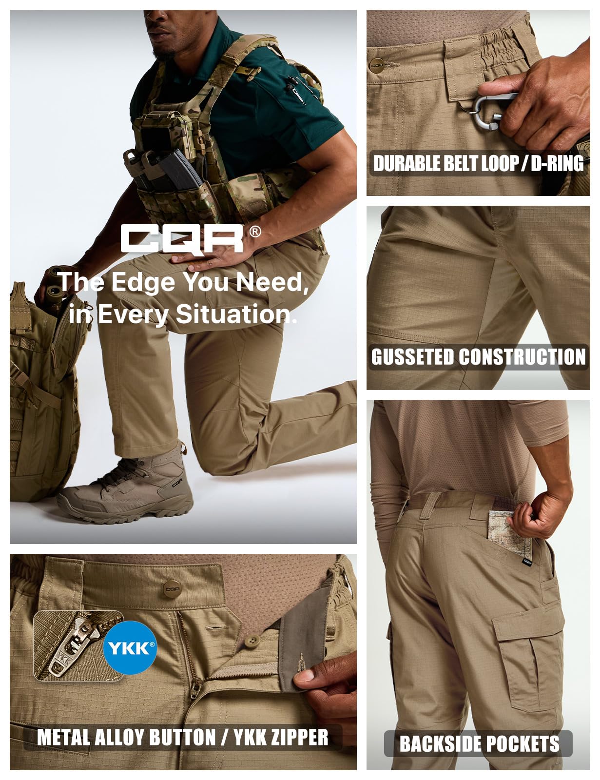 CQR Men's Tactical Pants, Water Resistant Ripstop Cargo Pants, Lightweight EDC Work Hiking Pants, Outdoor Apparel, Raider Mag Pocket Cougar, 36W x 32L