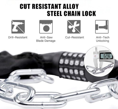 Bicycle Chain Lock – 5 Position resettable Combination Heavy-Duty Anti-Theft Bicycle Lock, 47In,Hardened Steel Square Links,High Security Keyless，Easy to use for E-Bike, Motorcycle, Scooter, Gate ﻿