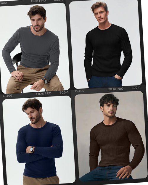 August Alley 4 Pack Men's Cotton Thermal Long Sleeve Shirts Ribbed Crew Neck Tops Slim Fit Undershirts Fall Winter Base Layer(Black, Dark Gray, Dark Brown, Navy Blue,X-Large)