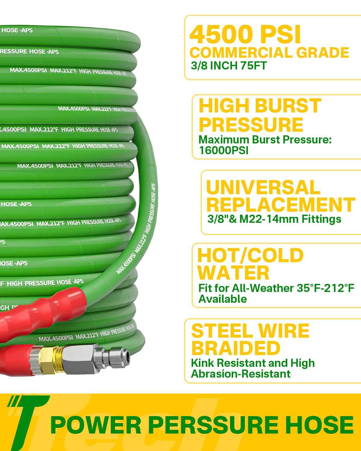 TechSweepPro Pressure Washer Hose 75FT 3/8" for Cold and Hot Water 212°F, with Swivel Quick Connect, 4500PSI Kink Resistant Grade Steel Wire Braided, Power Washer Hose With 2pcs M22-14mm Adapter