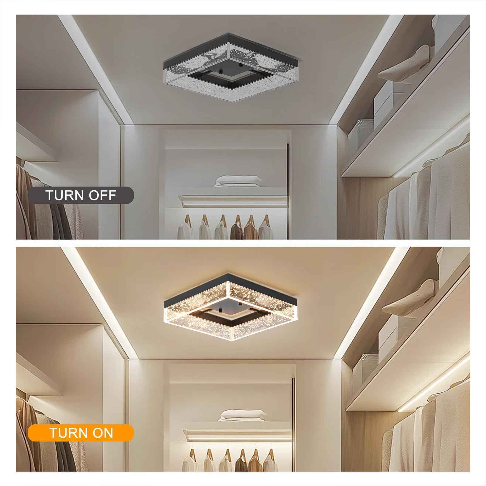 Qcyuui LED Flush Mount Ceiling Light, 11.81in 20W Modern Ceiling Light with Clear Bubble Acrylic,Square LED Ceiling Lamp for Kitchen Hallway Closet Living Room Bedroom, Black, 3000K Dimmable