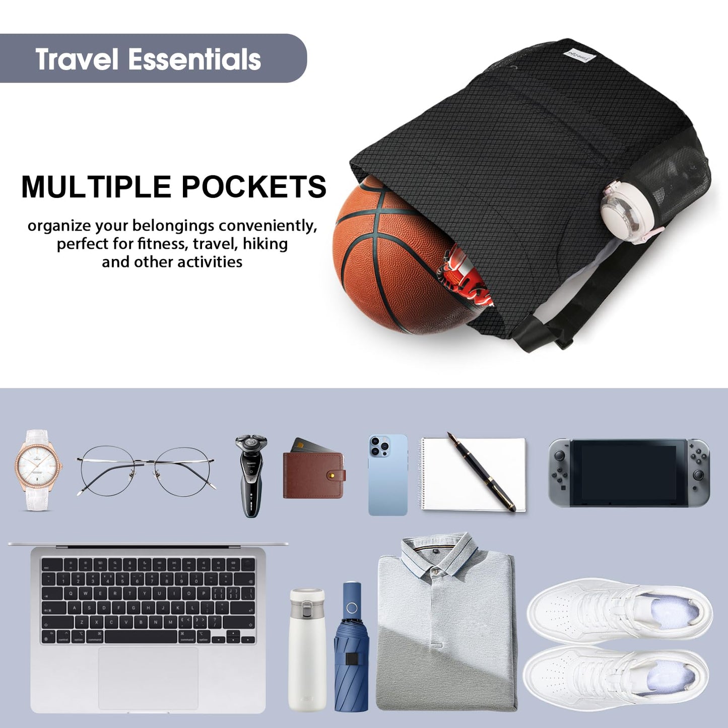 time2go Waterproof Drawstring Backpack Sports Gym Sackpack with Mesh Pockets Water-Resistant String Cinch Beach Bag for Men Women