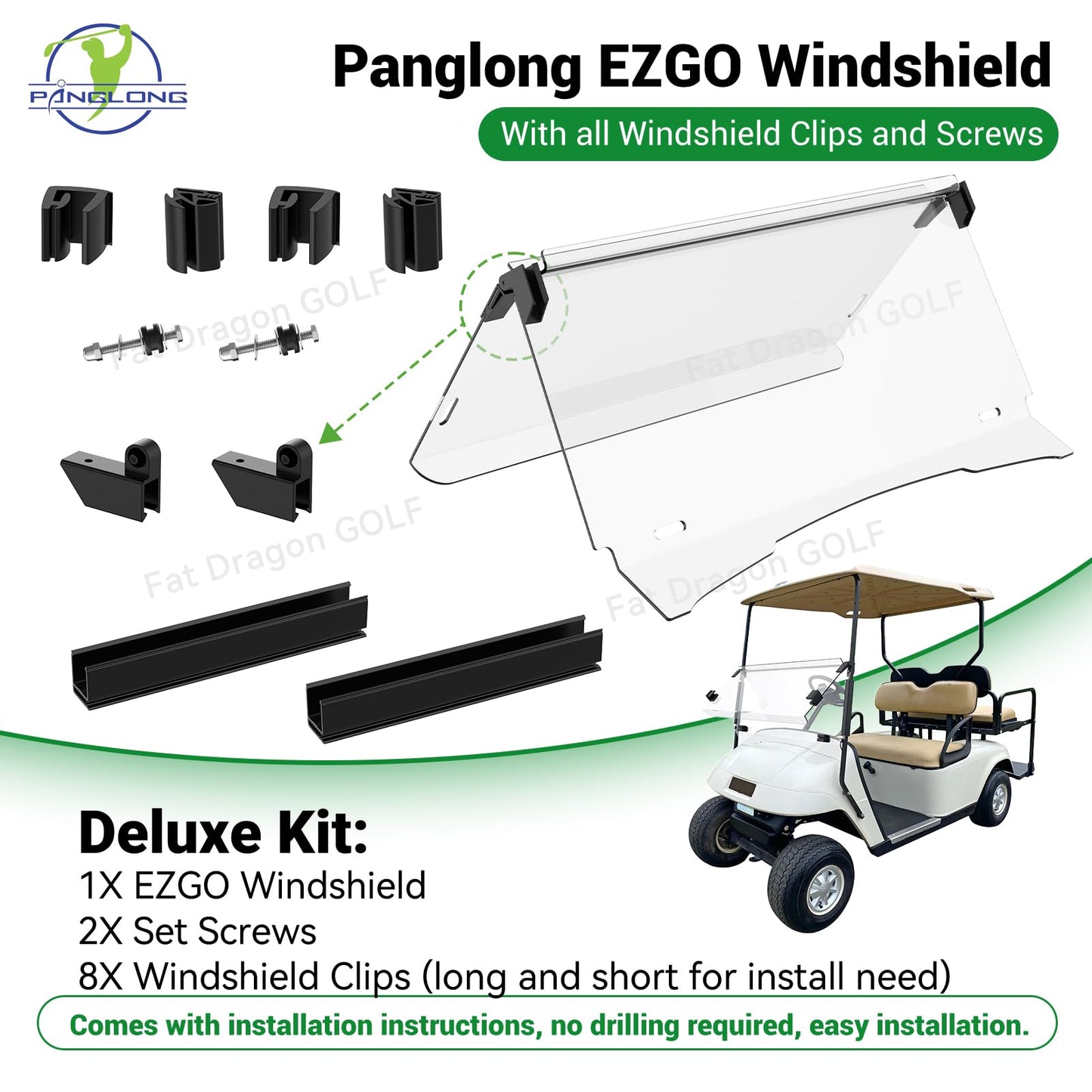Panglong EZGO TXT Golf Cart Windshield-Fold Down Windshield Anti-Impact Resistant, EZGO Windshield with Windshield Clips and Screws, Fit 1995-2013 EZGO TXT, DCS, PDS Golf Cart