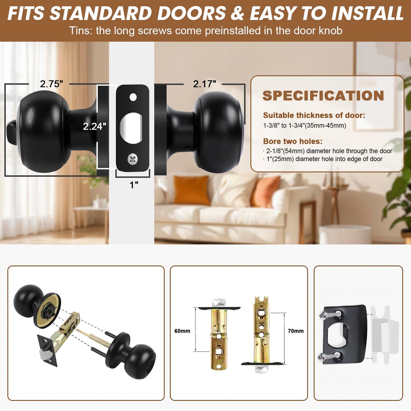 RAZCC Privacy Door Knobs, 1 Pack Matte Black Door Knobs with Lock, Bed and Bath Door Knob Interior Keyless Locksets, Round Door Handles Reversible for Left Right Handed Doors