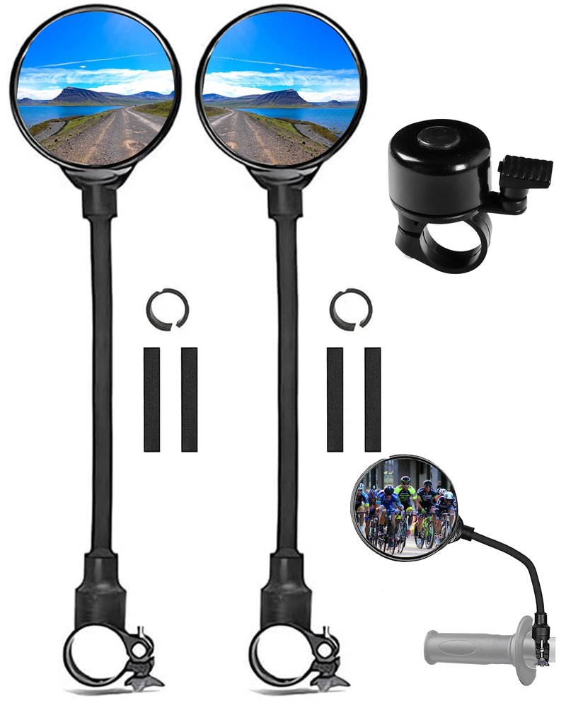 YISUGOOC Bike Mirror With Bike Bell 360° Adjustable HD Convex Handlebar Mirror Anti-Scratch Riding Mirrors (2* Mirror + 1* Bell)