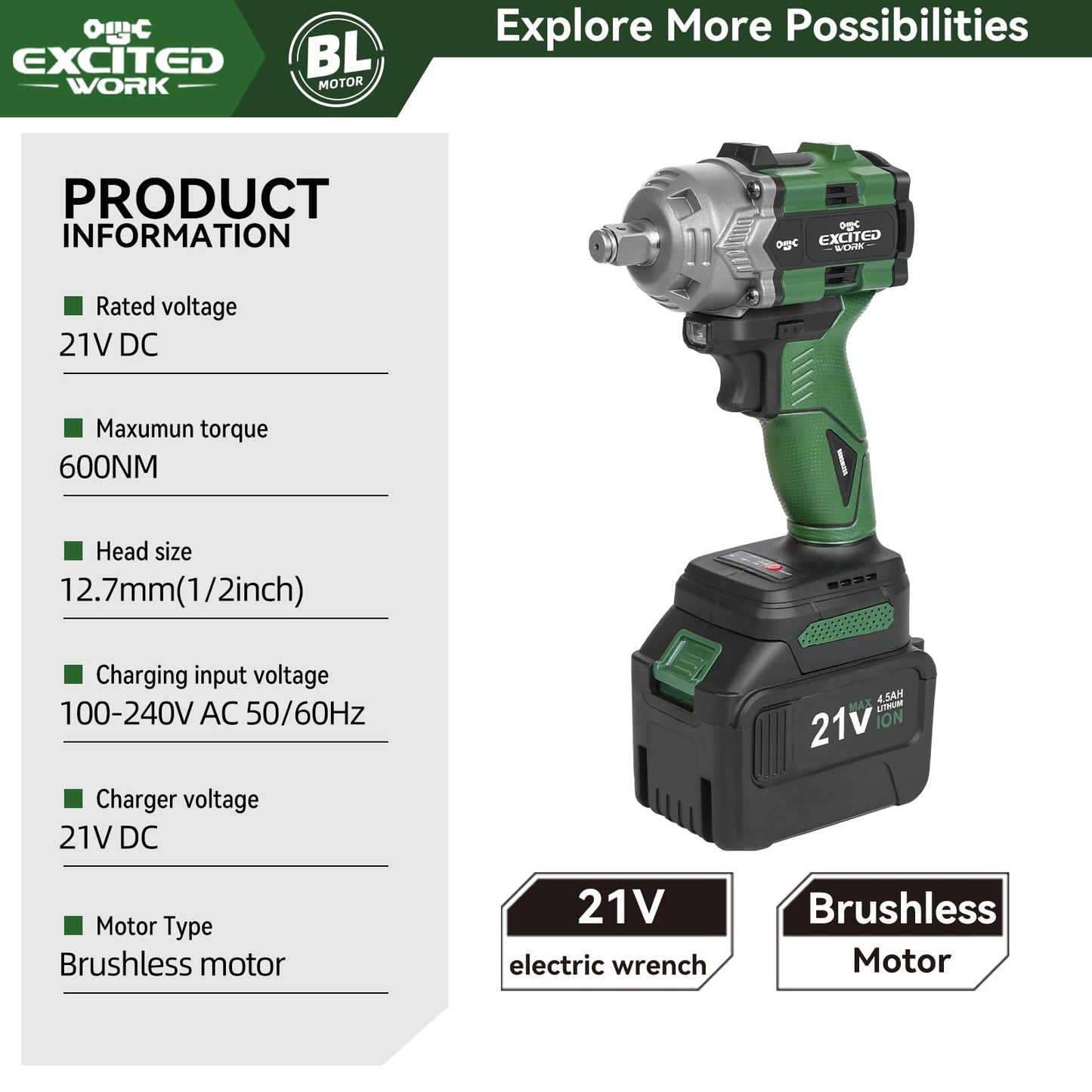 Excited Work 20V Brushless Impact Wrench Kit, 600Nm 1/2 Inch Impact Wrench with 2 x 4.5Ah Battery, 2500RPM High Torque Impact Gun, Fast Charger and Tool Box