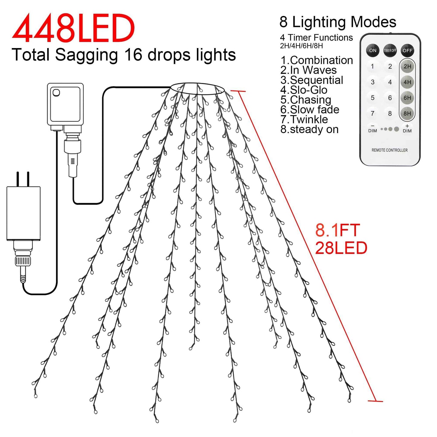 Outdoor 8.1 FT 16 Lines White Christmas Tree Lights with Ring, 448 LED Christmas String Lights with 8 Modes& Timer, Cascading Twinkle Light for Xmas Tree Tent Party Yard Decoration