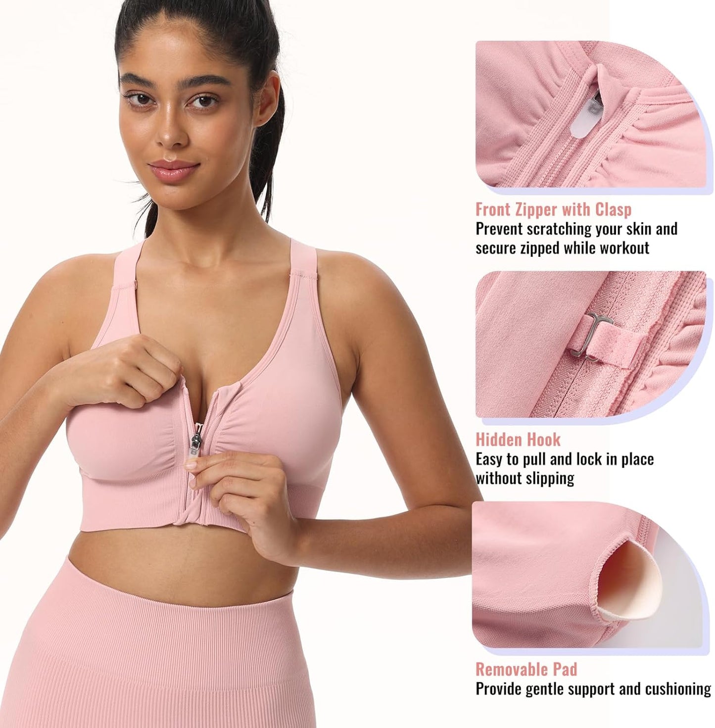 Skiennix Zip Front Sports Bra - Adjustable Racerback Design for Medium Support | Padded & Seamless Yoga Bra