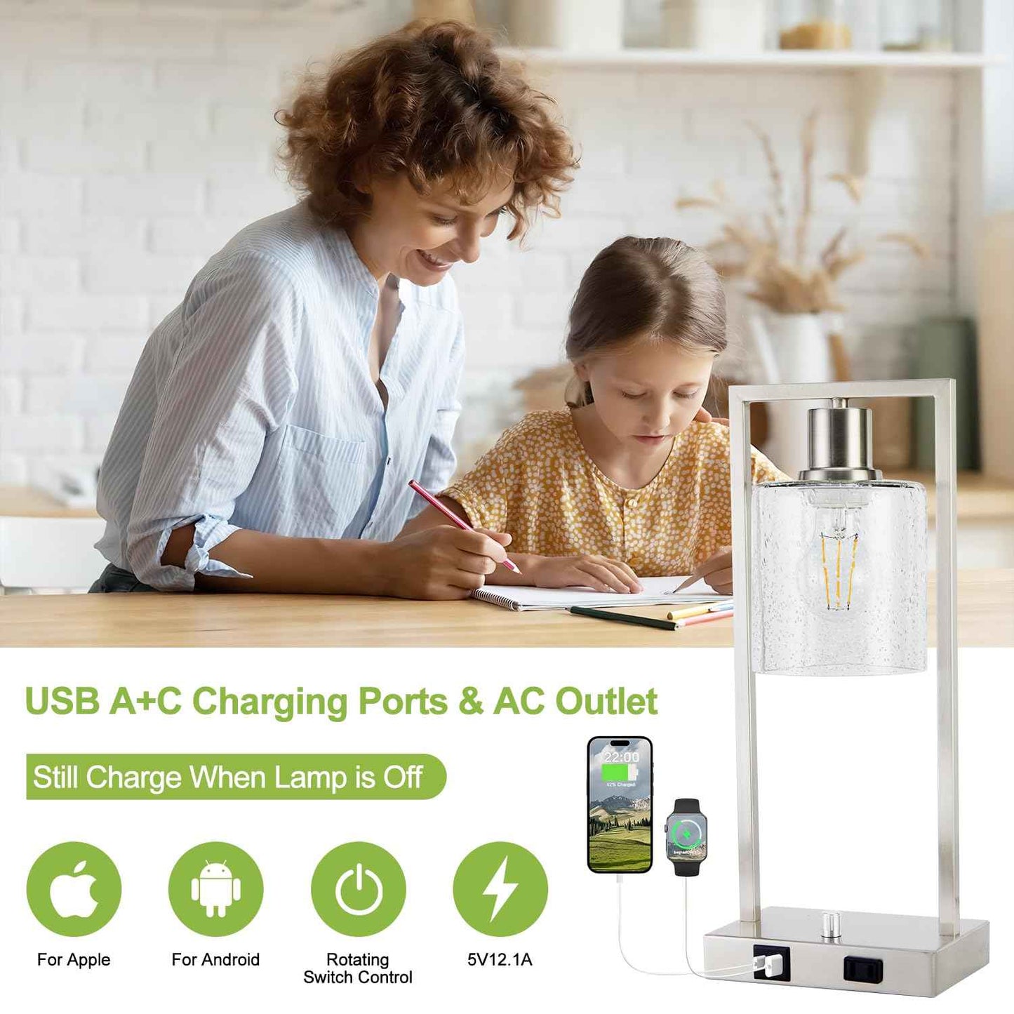 16" Set of 2 Nickel Industrial Table Lamps with USB A+C Charging Ports and AC Outlet, Fully Stepless Dimmable Bedside Lamps with Seeded Glass Shade for Bedroom Living Room Office, LED Bulbs Included