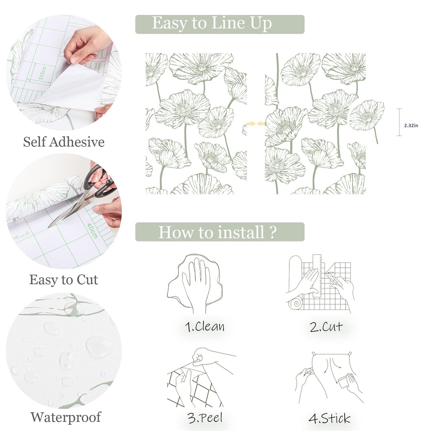 Orainege Floral Peel and Stick Wallpaper Boho Contact Paper Green and White Wallpaper 17.3inx118.1in Self Adhesive Removable Decorative Wall Paper for Bedroom Bathroom Cabinets Decor Vinyl