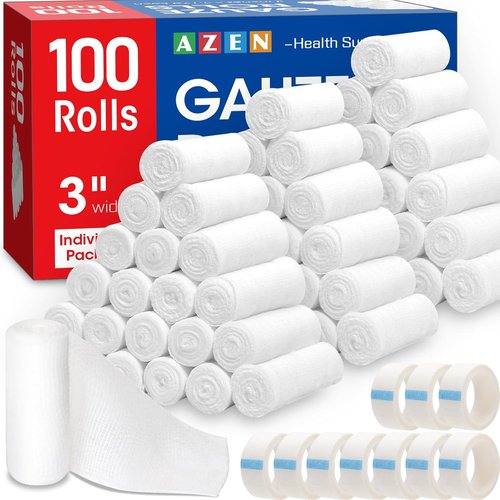 AZEN Gauze Rolls Bandages - 100 Pack, 3" x 4.1 Yards | Premium First Aid & Medical Supplies