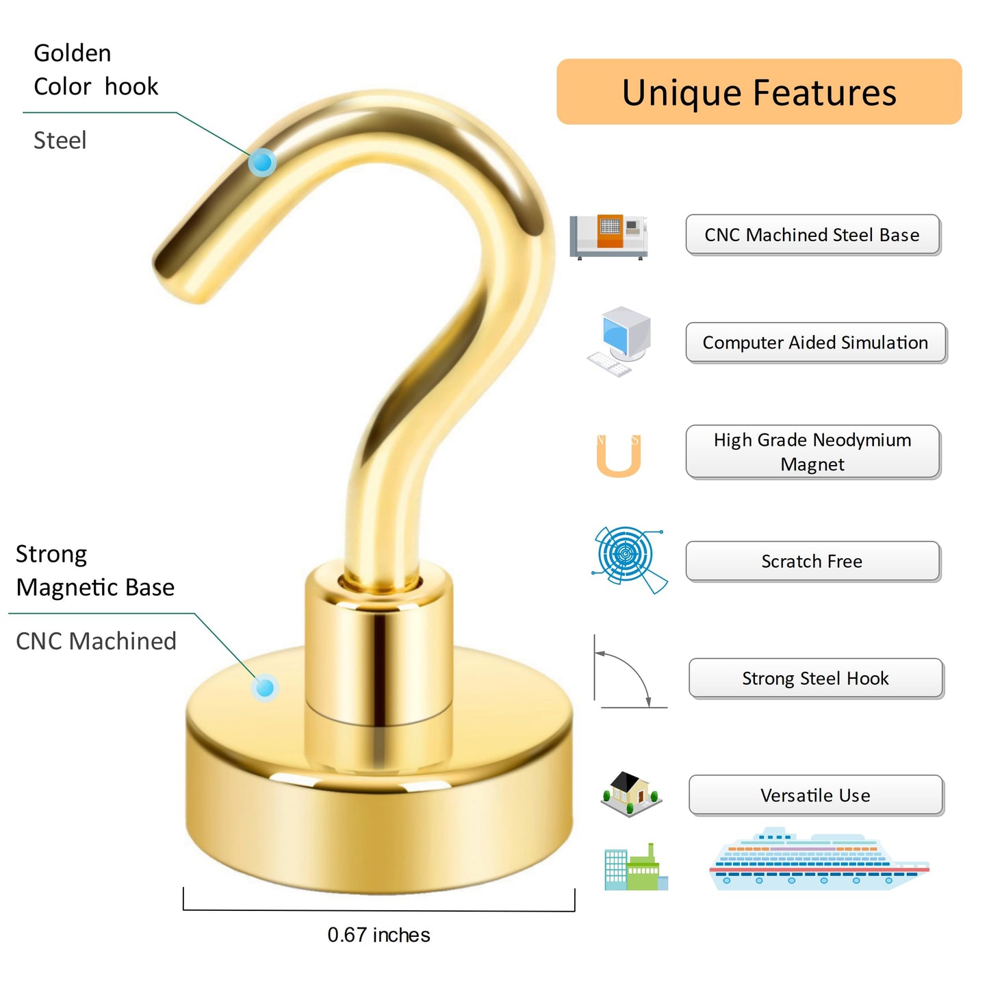 Neosmuk Magnetic Hooks,Heavy Duty Earth Magnets with Hook for Refrigerator, Extra Strong Cruise Hook for Hanging, Magnetic Hanger for Cabins, Grill (Gold, Pack of 20)