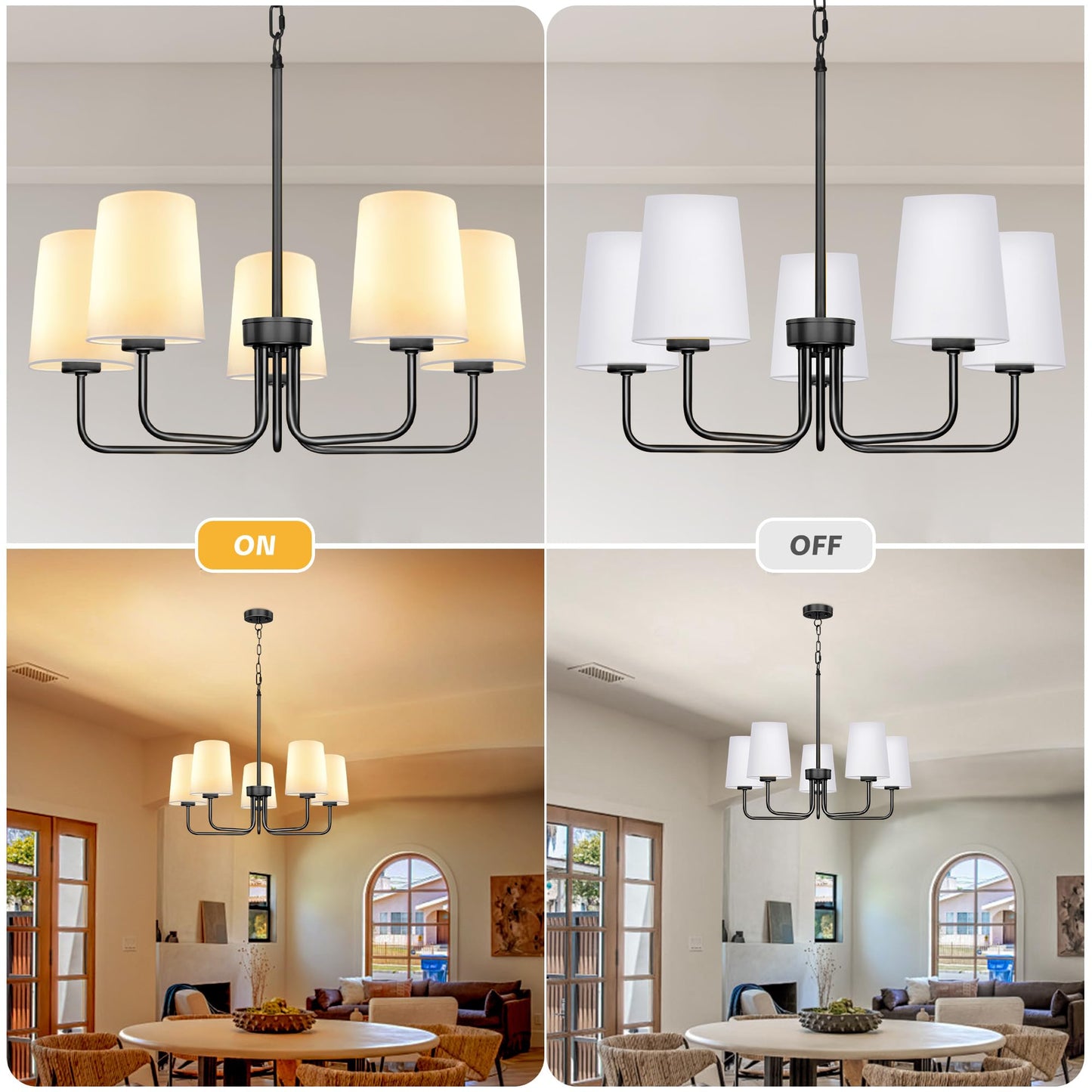 Laiebri Farmhouse Chandelier, 5-Light Black Chandelier with White Fabric Shade, Height Adjustable Modern Dining Room Light Fixture with E26 Base for Bedroom Foyer Hallway Entryway Kitchen Living Room