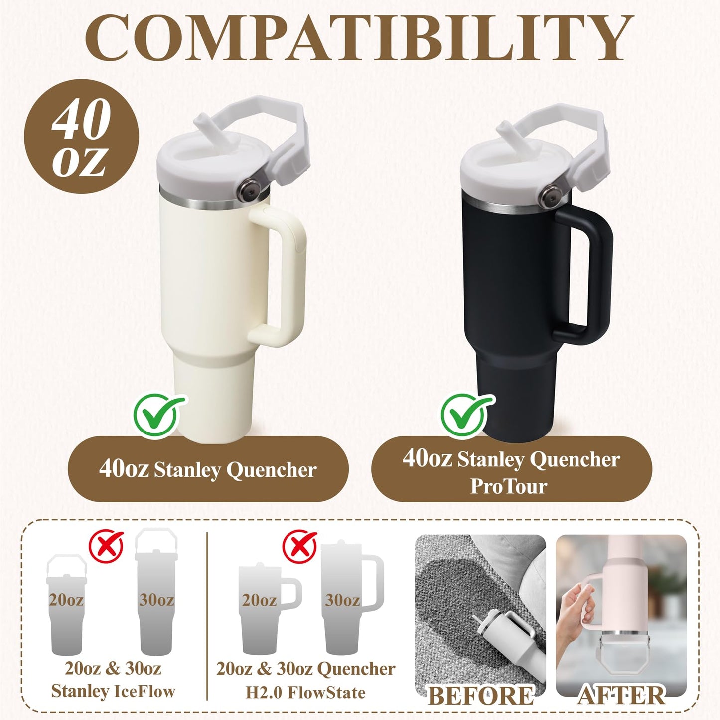 Flip Straw Lid with Handle for 40oz Stanley Cup Premium Leakproof Detachable Replacement Lid Accessories, Perfect Fit for Stanley Quencher, ProTour Tumbler, No-Spill Design