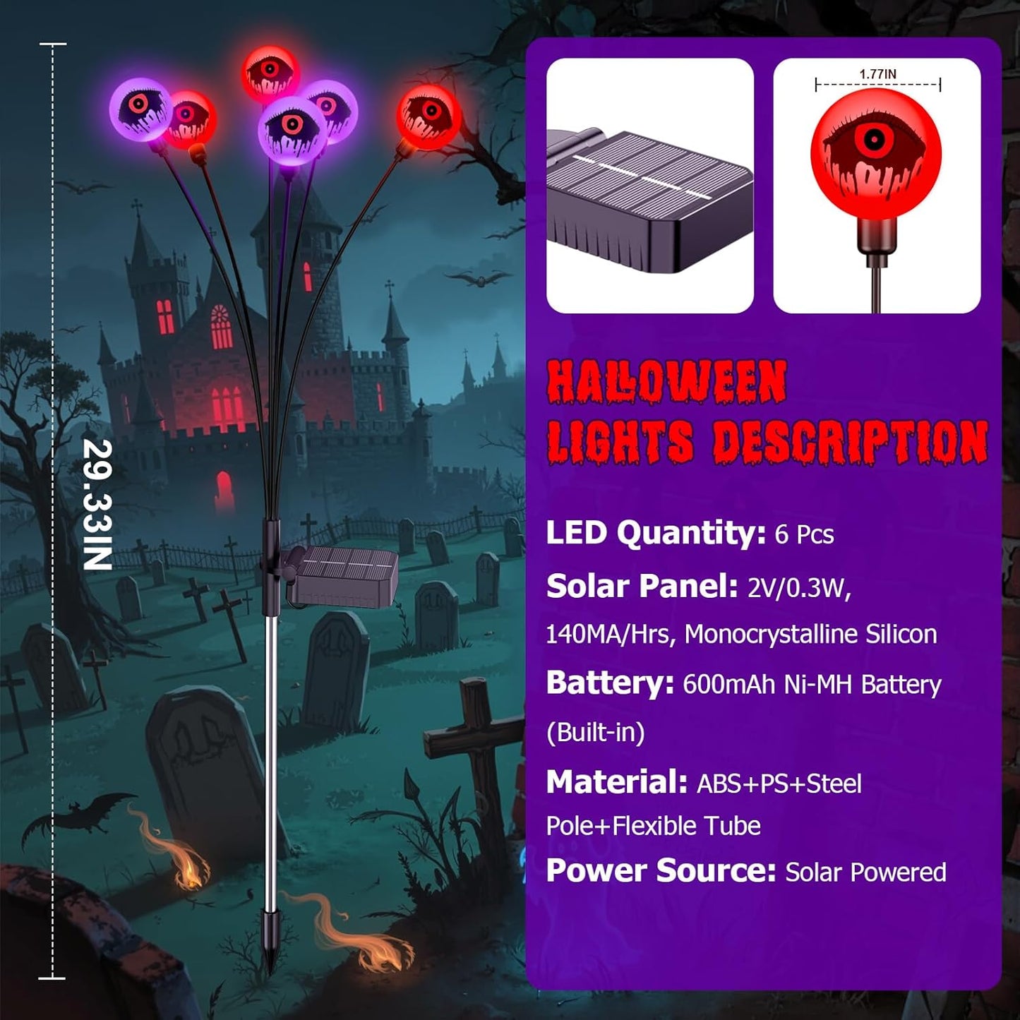 Solar Halloween Lights - 6 Pack 36 LEDs Purple & Orange Waterproof Eyeballs for Outdoor Yard Decor