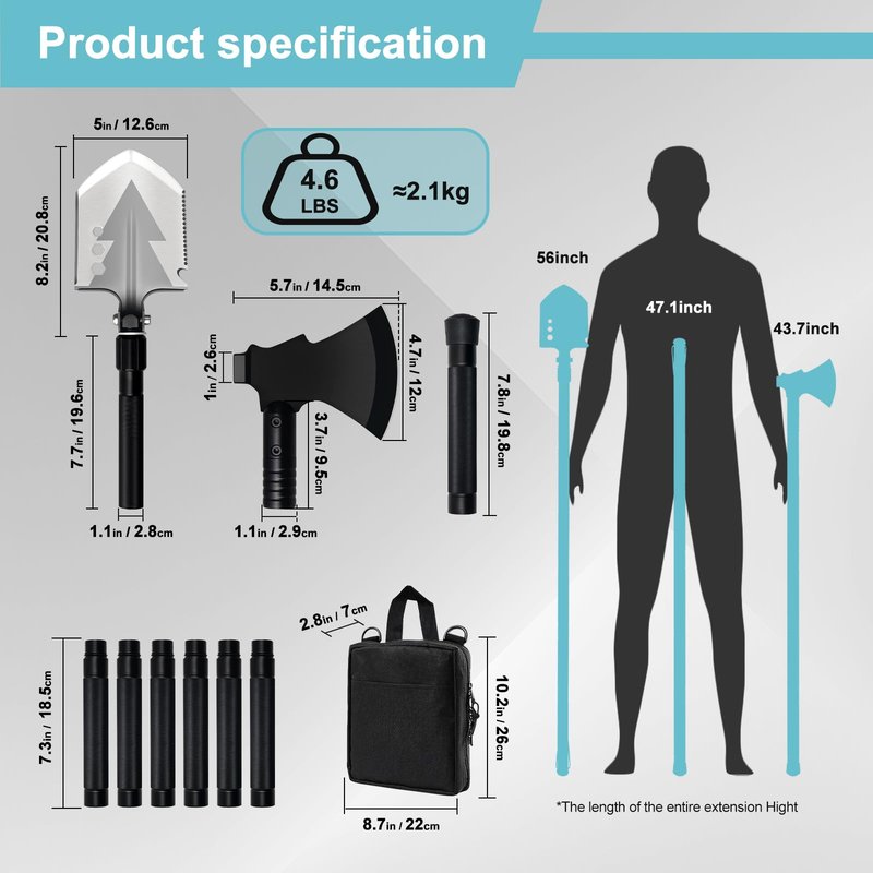 GOJAWAY 20 in 1 Multitool Survival kit, Camping Shovel Military Axe, 55" Trekking Pole Foldable Spade with Portable Bag and Hatchet, for Car Emergency Offroad Entrenching Tool