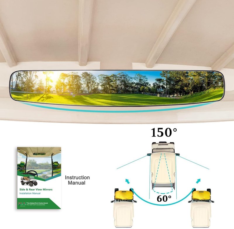 10L0L Newest Golf Cart Mirrors, Folding Side and Panoramic Rear View Mirror Kit for Yamaha Club Car EZGO, Eliminate Blind Spots Clear Convex Style