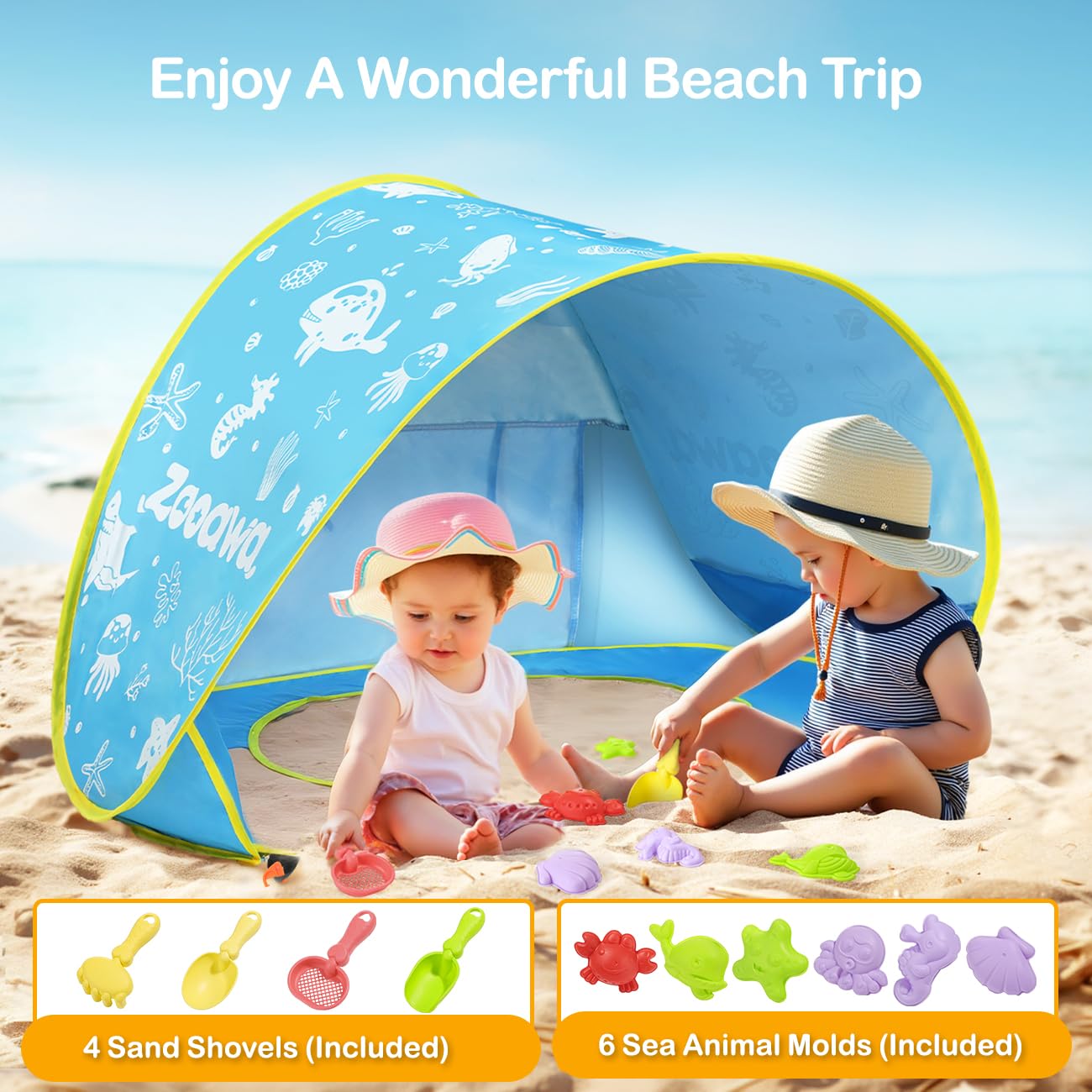 Zooawa Baby Beach Tent, Pop Up Beach Tent Sun Shade for Beach, Portable Shade Pool UV Protection Sun Shelter for Infant with Beach Sand Toys Set, Blue