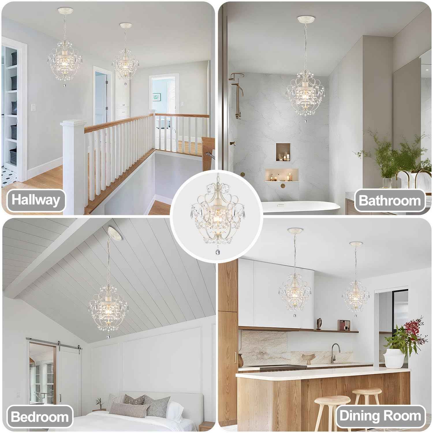 Small Crystal Chandelier for Bedroom, 90% Pre-Assembled 1 Light White Chandelier, Mini Acrylic Crystal Ceiling Light Fixture Charming for Girls Room, Closet, Bathroom, Entryway, Dining Room