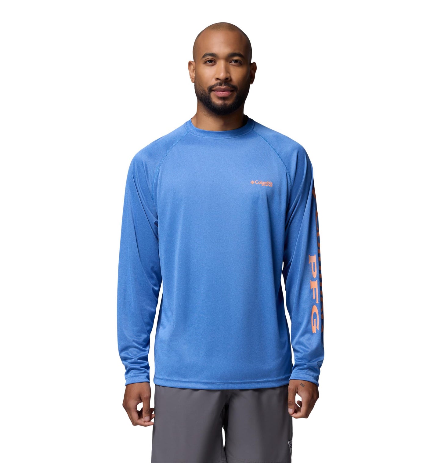 Columbia Men's PFG Terminal Tackle Long Sleeve Fishing Shirt, Vivid Blue Heather/Bright Nectar Logo, Large Tall